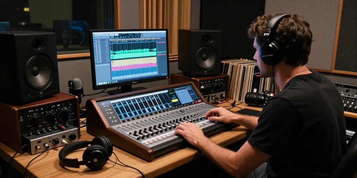 Engineer using DA88 multitrack recorder in a professional music studio, showcasing audio mixing setup with vintage equipment.