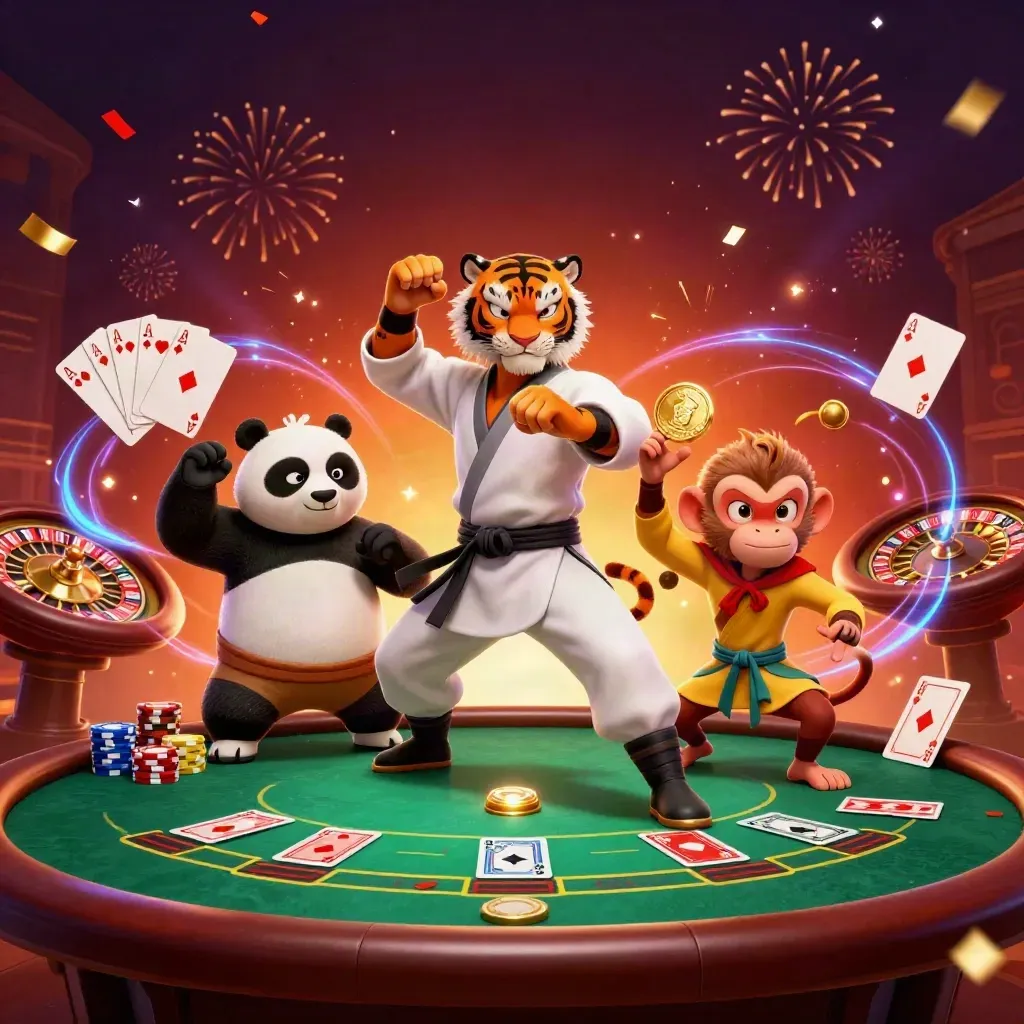 Kung-fu tiger, panda, and monkey amid casino tables, chips, cards, neon magic, and confetti.