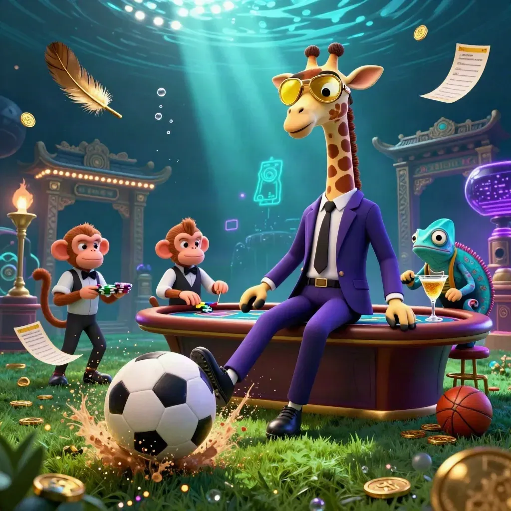Low-angle casino-sports fantasy: soccer strike, animal dealers, gold coins, cyan glow.