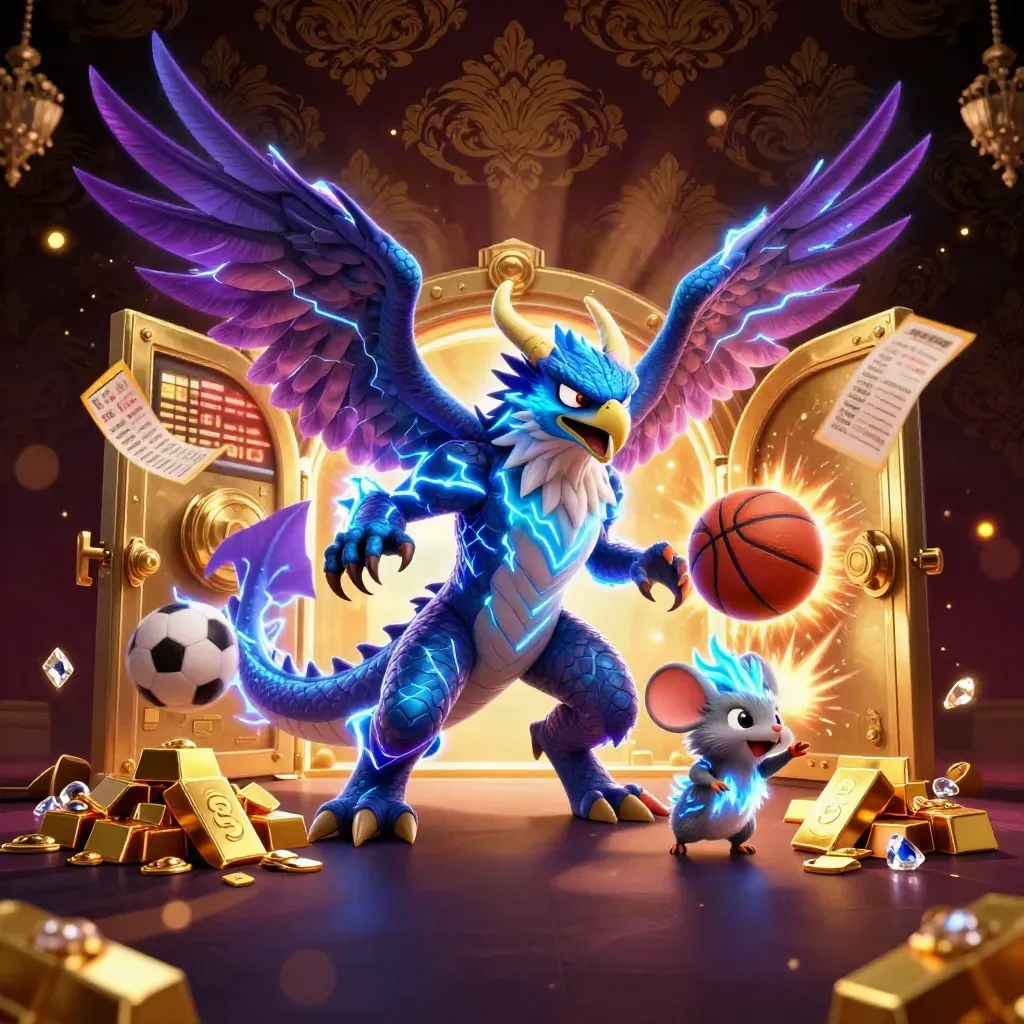 Thunder dragon, wind hawk and static mouse amid gold vault, sports balls and neon casino light.
