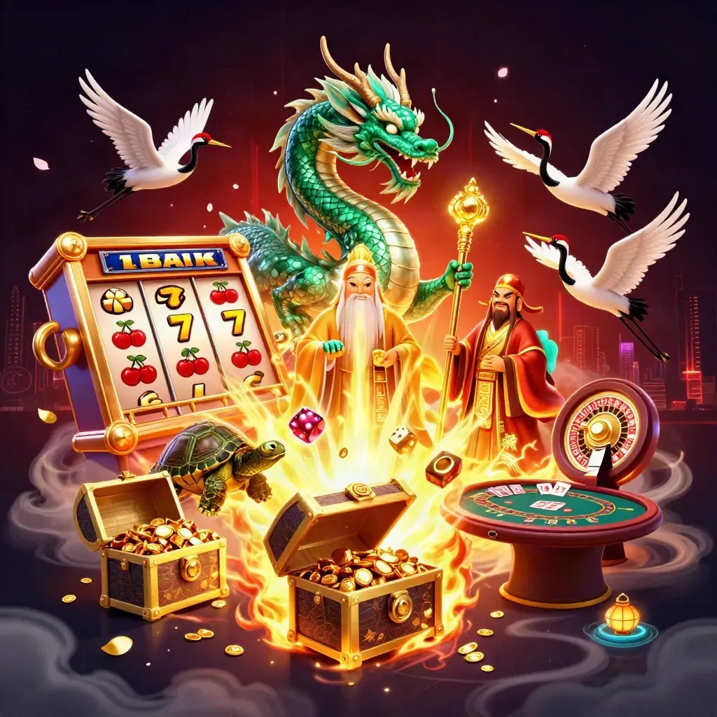 Emerald dragon, turtle sage and cranes amid casino treasure, neon fire and god-rays.
