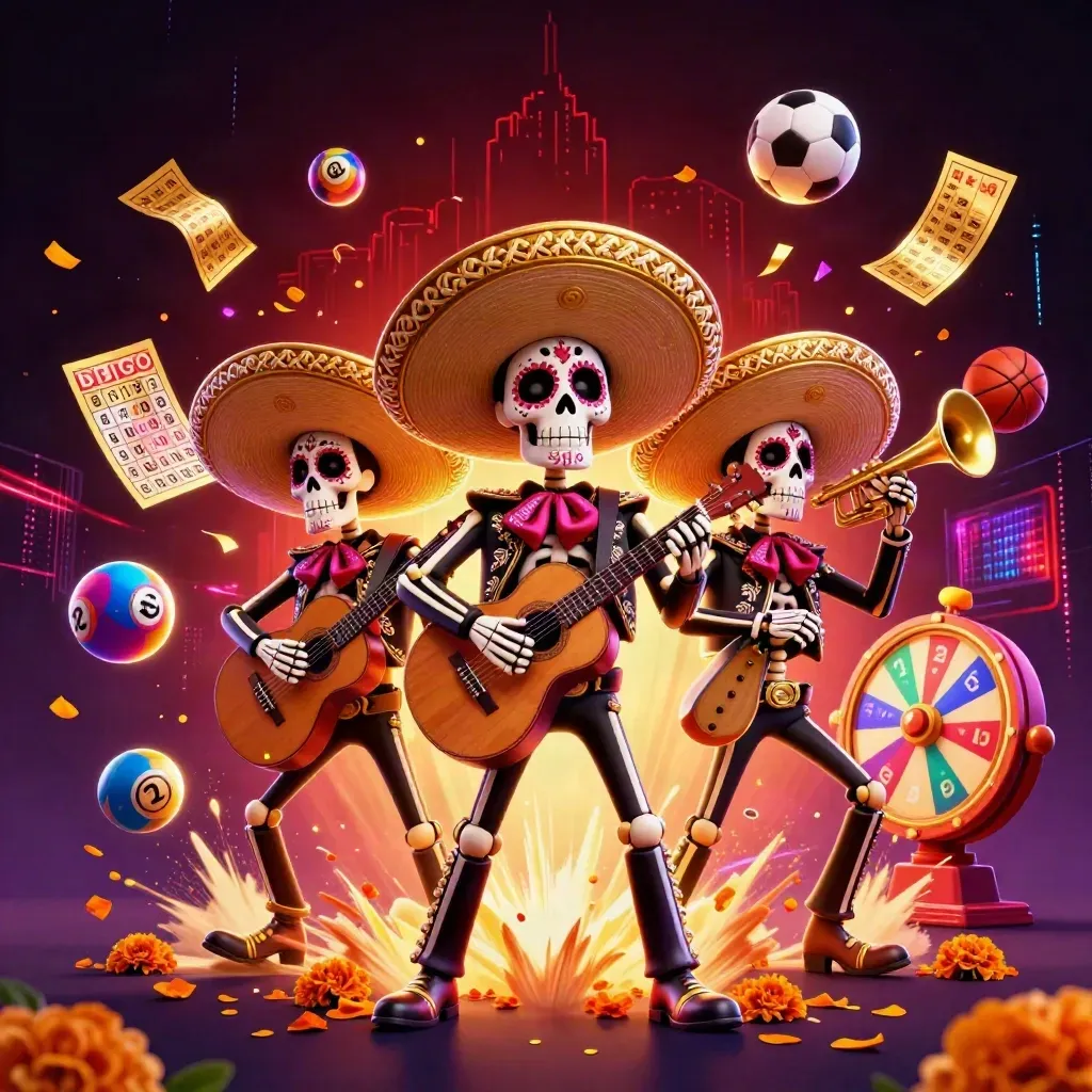 Skeleton mariachi trio with casino props, prize wheel, lottery balls, petals, and neon lightning.