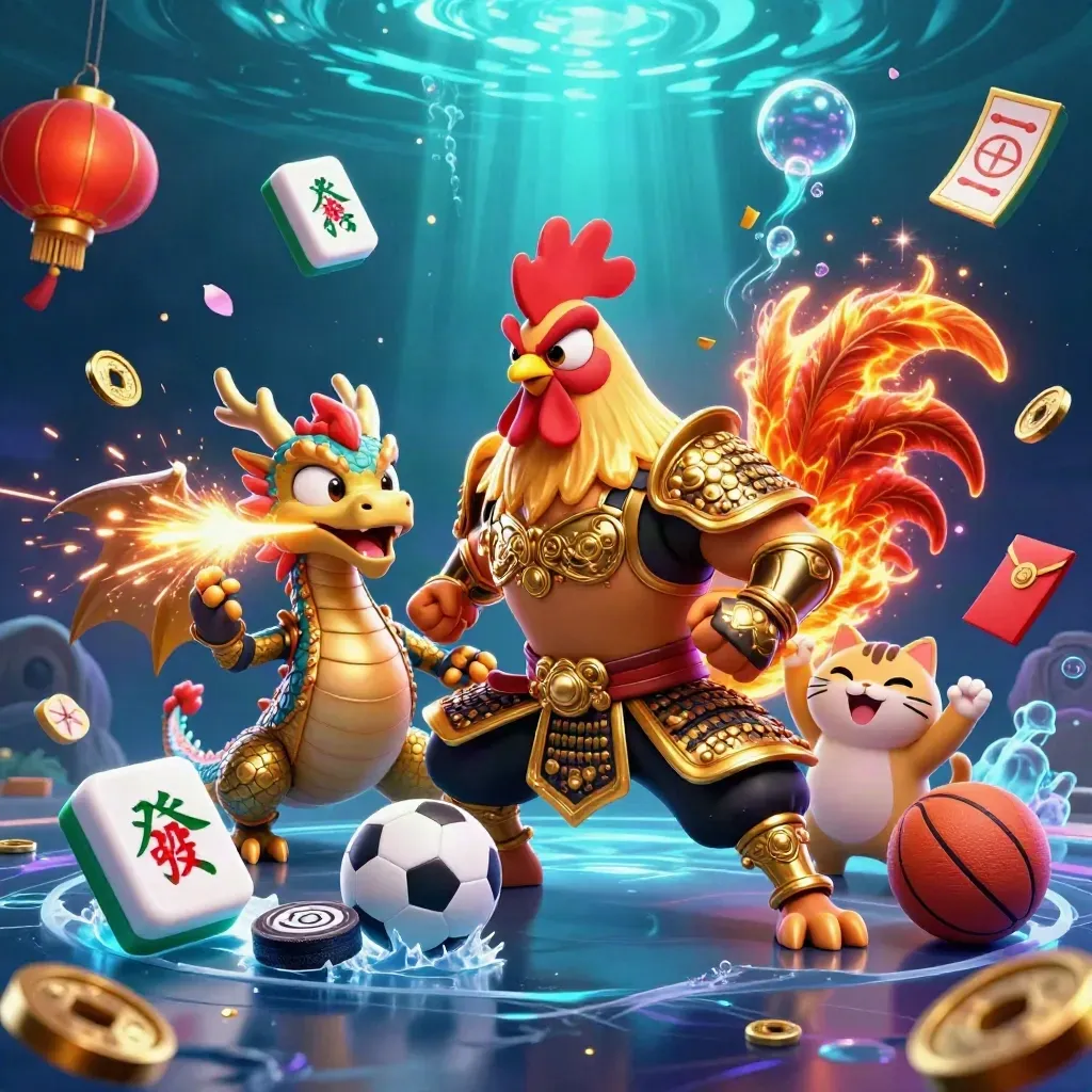 Rooster warrior, dragon hatchling and lucky cat amid neon casino sports effects underwater