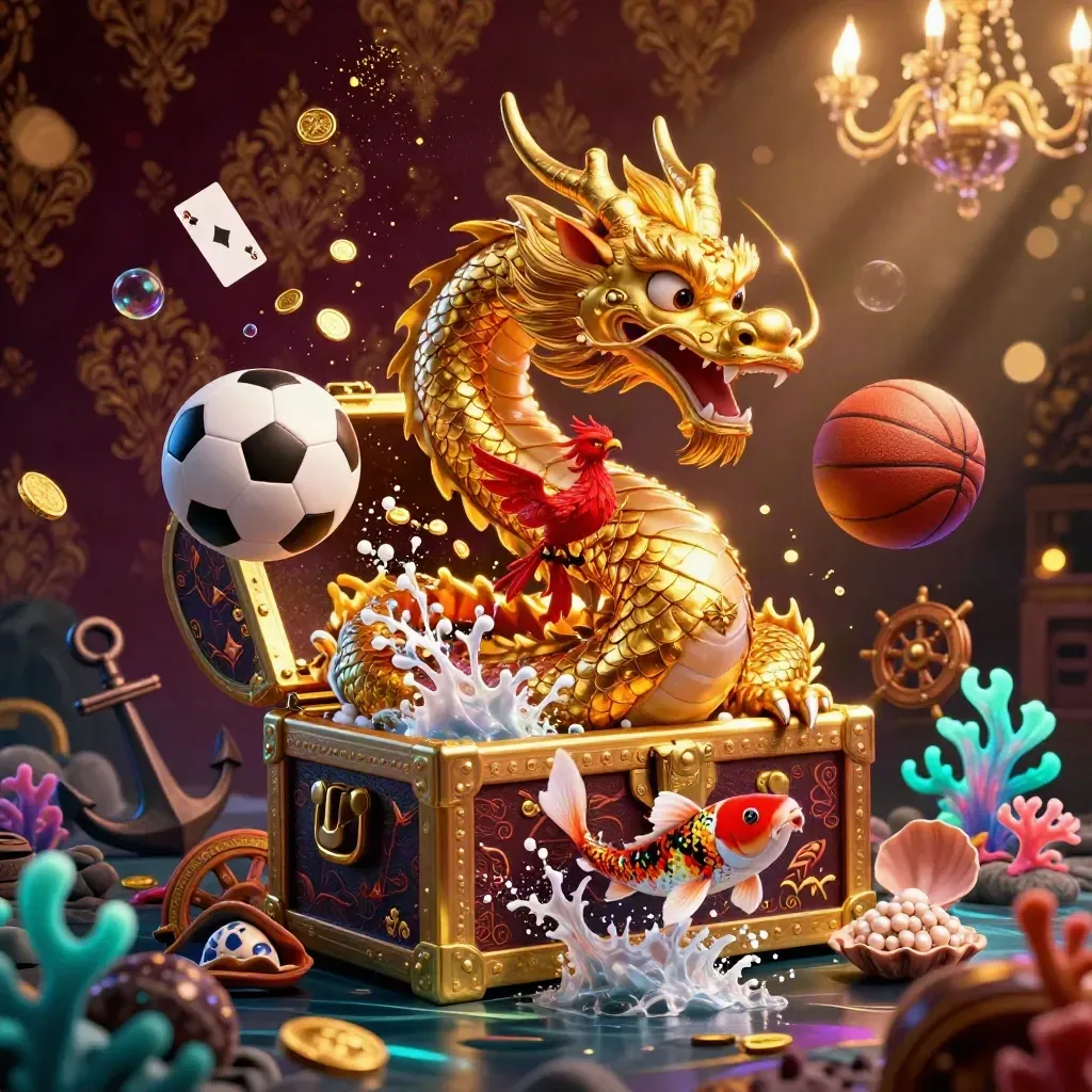 Golden dragon and phoenix amid treasure, coins, sports balls, and glowing casino fantasy cove.