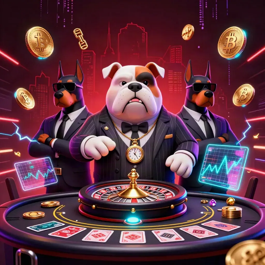 Cartoon mob bulldog and Dobermans amid neon coins, crypto effects, roulette, and a dark skyline.