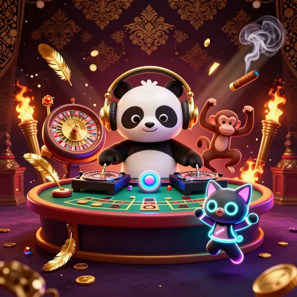 DJ panda, breakdancing monkey, and glow-stick kitten in a luxe casino scene with glowing effects.