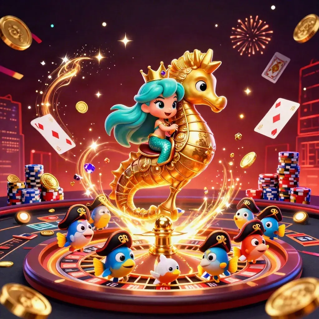 Mermaid princess on a gold seahorse amid coins, gems, roulette, cards, chips, and casino light.