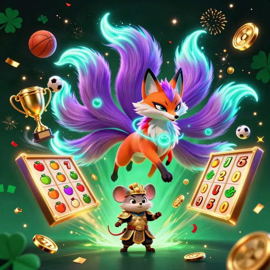 Neon fox spirit and golden mouse amid casino sports treasure, sparks, and fireworks.