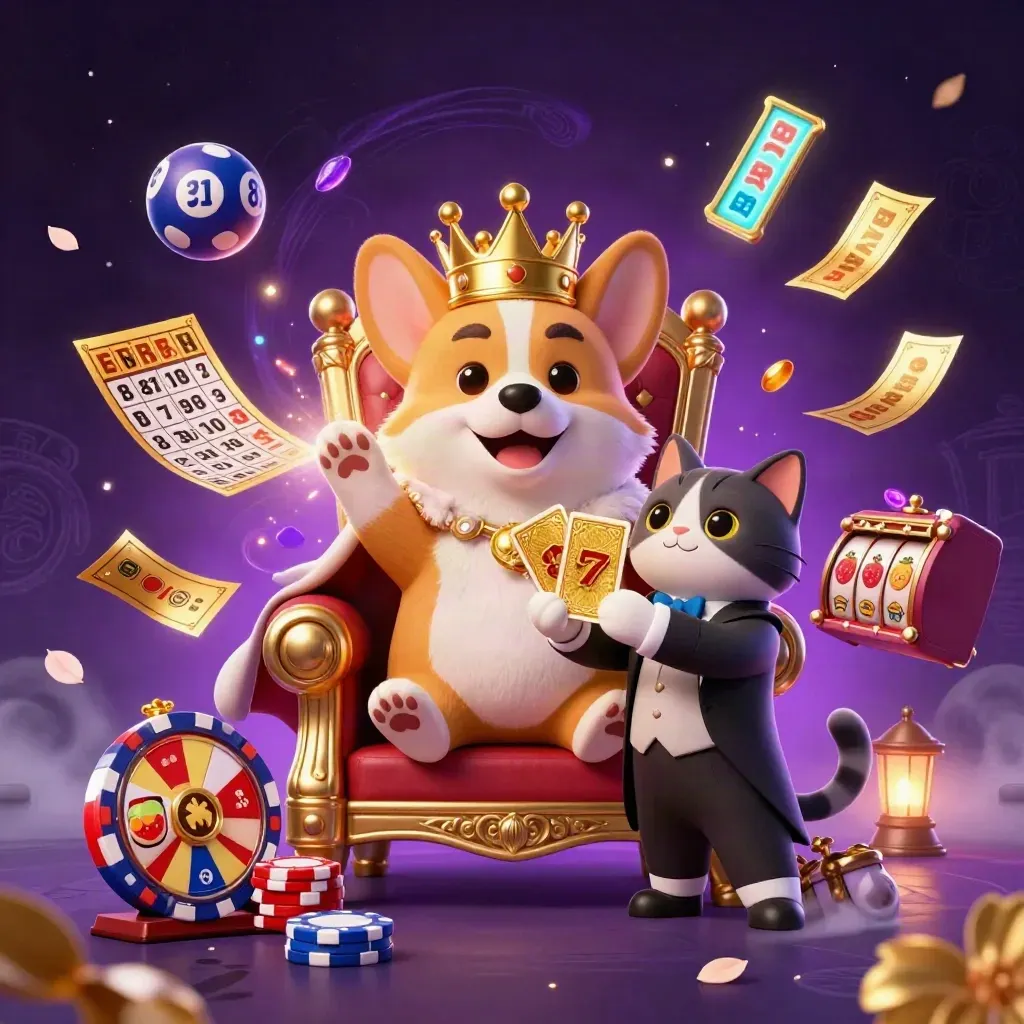 Crowned corgi and cat butler amid casino magic, chips, gems, wheels, and neon bursts.