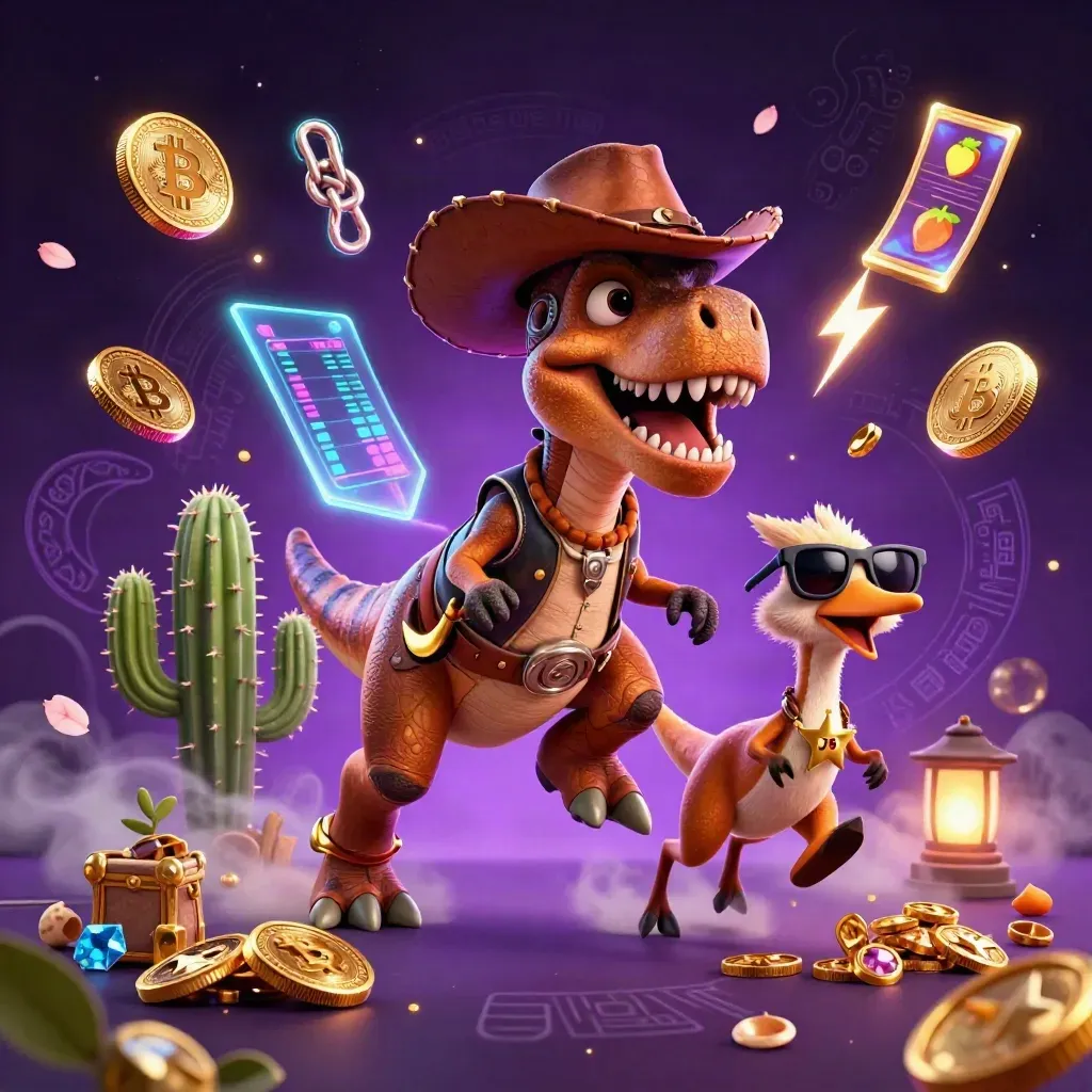 Cowboy T-Rex, cactus sidekick, and roadrunner amid neon coins and casino magic on a purple-gold starfield