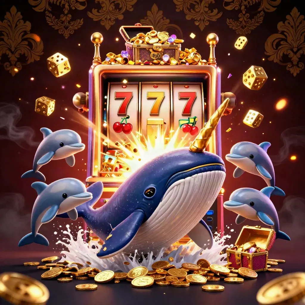 Whale captain, narwhal and dolphins burst from coins with slot machine, gold and cyan casino glow