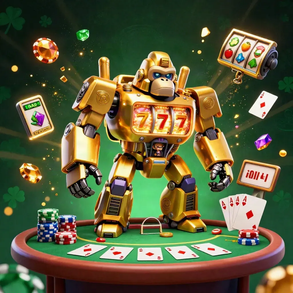 Golden gorilla mech with tiny monkey pilot, poker table, chips, aces, neon casino glow.
