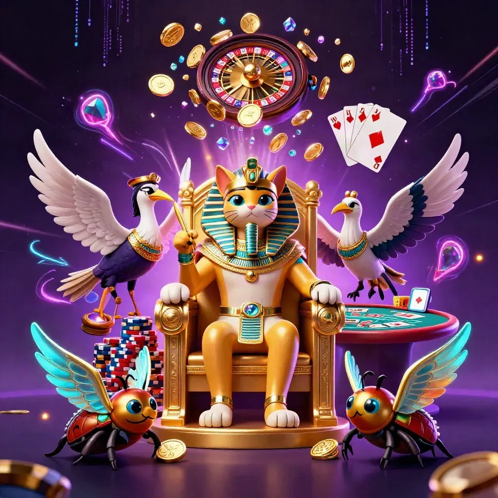 Pharaoh cat, ibis scribe and scarab beetles amid coins, gems and neon casino magic