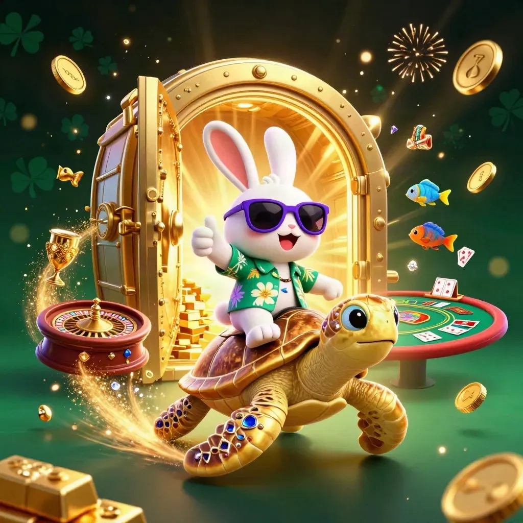 Rabbit on gem turtle amid vault burst, coins, gems, roulette and cards, casino neon glow
