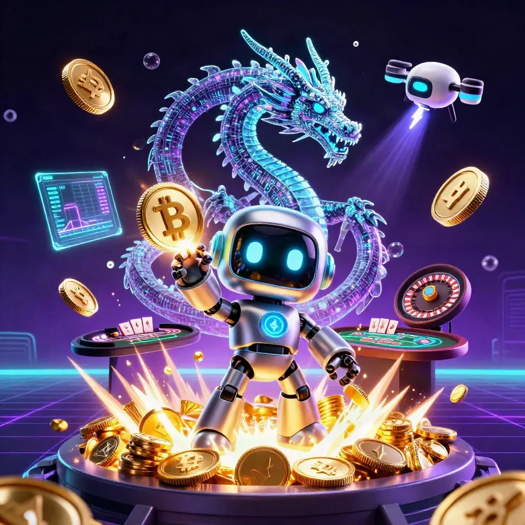 Cyberpunk robot, hologram dragon, and coin drone amid jackpot coins, vault glow, and casino lightning.