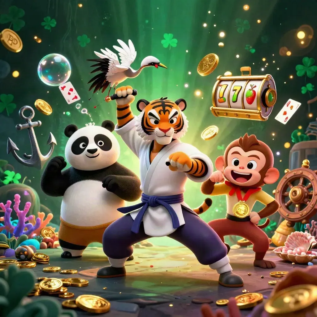 Kung-fu tiger, panda, and monkey amid casino treasure, reels, coins, and glowing coral.