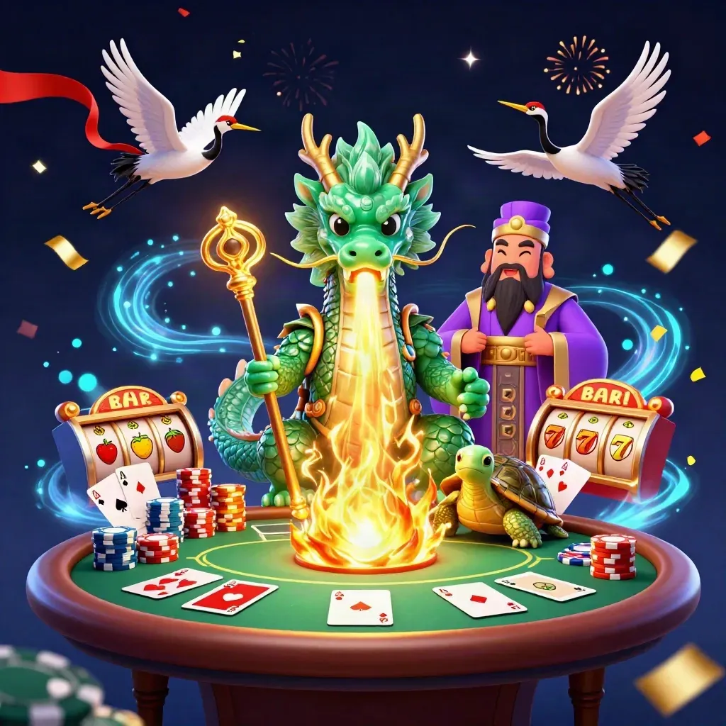 Jade dragon, turtle sage, and cranes amid casino props, fireworks, and glowing magic.
