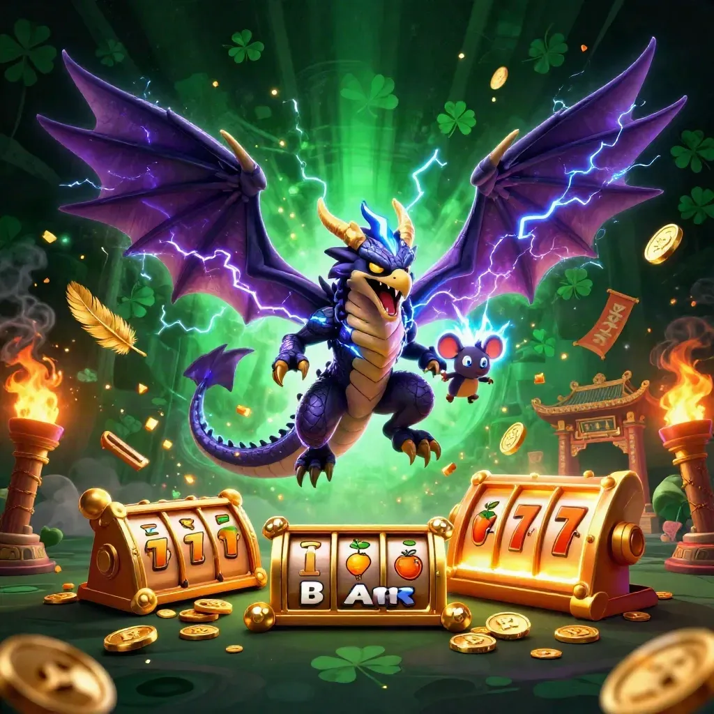 Thunder dragon, hawk, and static mouse over a neon casino temple with slots and jackpots.